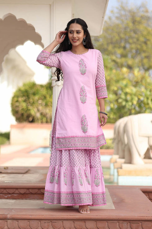 MULMUL VINAYA FLORAL MOTIFS BLOCK PRINTED KURTA-SHARARA & DUPATTA SET MULMUL VINAYA FLORAL MOTIFS BLOCK PRINTED KURTA-SHARARA & DUPATTA SET